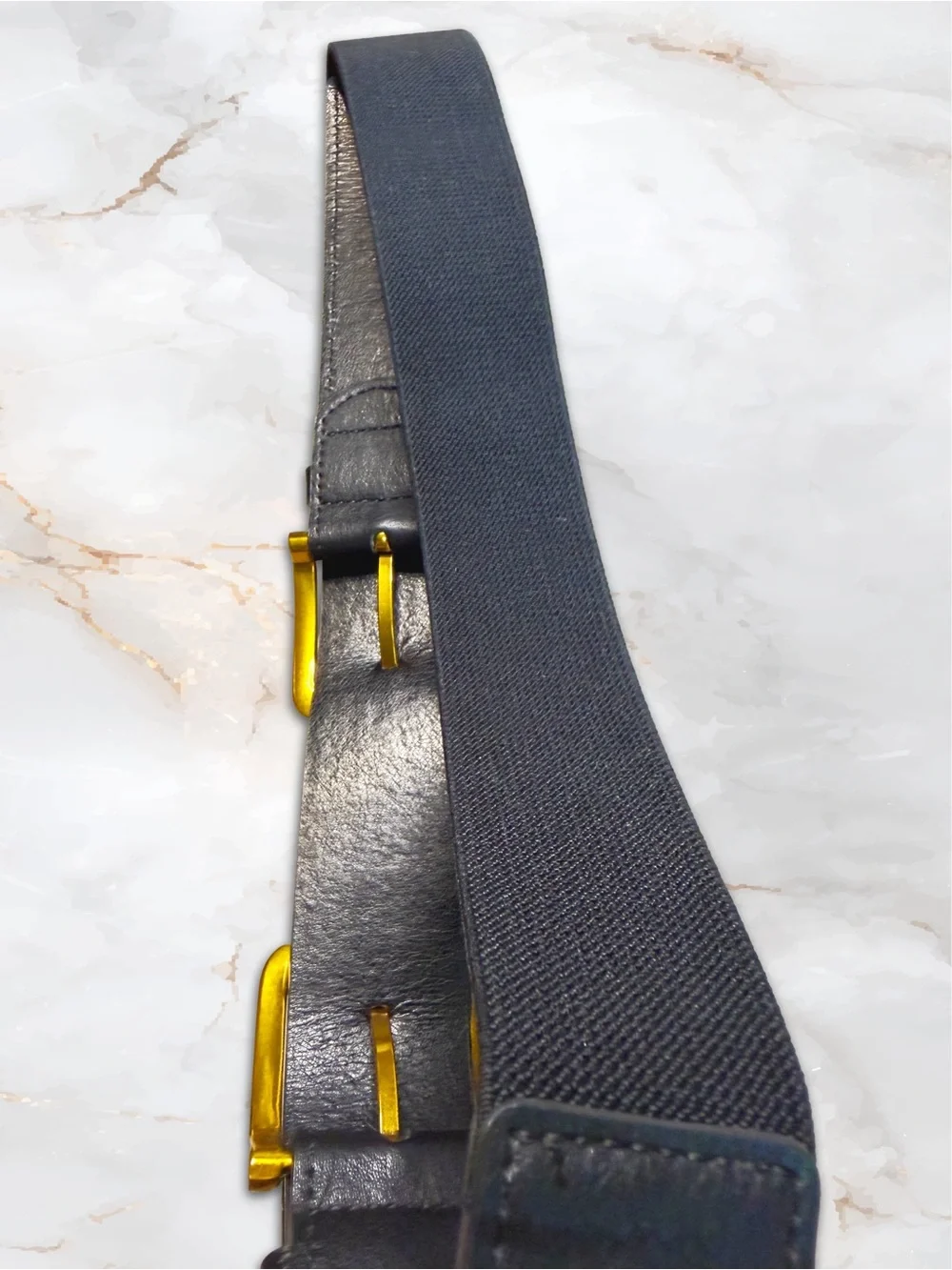 Black Waist Belt for Dressed with Gold Double Buckles in Faux Leather & Elastic
